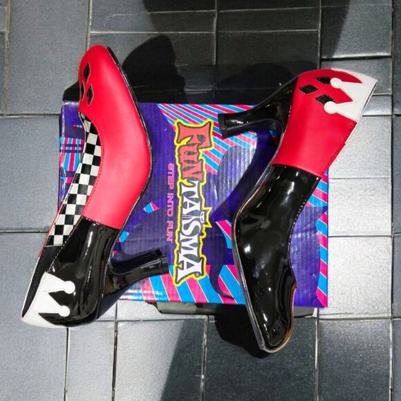 FunTasma ✦ Harley Quinn High Heels ✦ Red Black White Patent w/ Checker Slip-On 9 - Picture 9 of 13